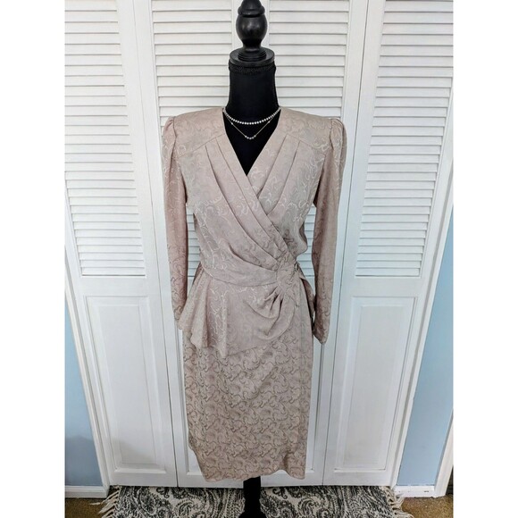 Vtg D Damon Petite Dress Womens S 1980s Tan Silky Jacquard Wrap Special Occasion - Picture 1 of 15